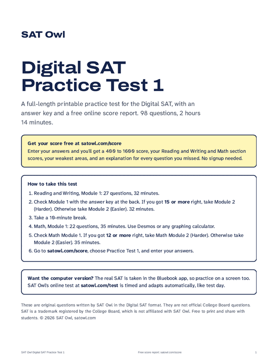 Cover page of the SAT Owl Digital SAT Practice Test 1 PDF