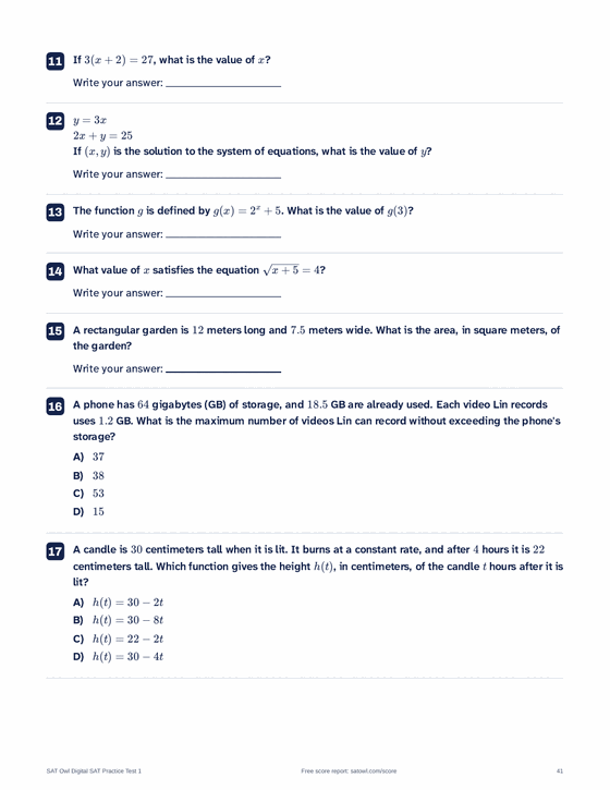 A page of math questions from the printable practice test